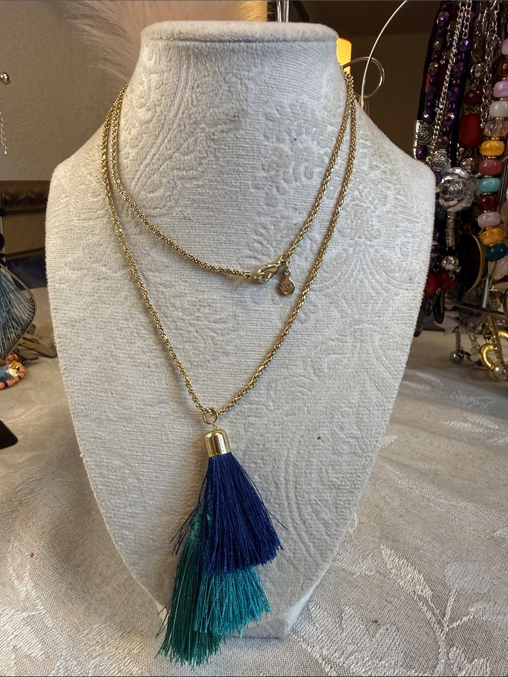 LOFT Gold-Tone Layered Necklace with Navy and Teal Tassels